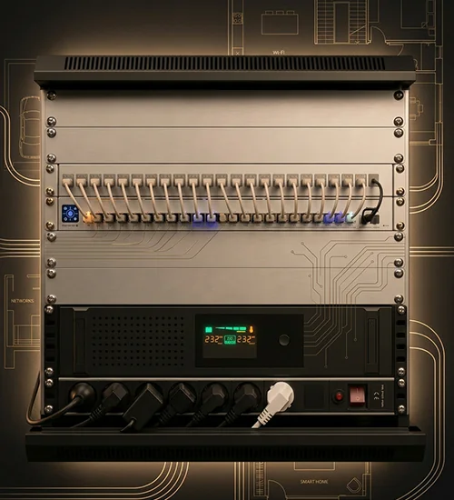 Domowa szafa rack 9U z patch panelem, switchem PoE, rejestratorem, UPS i listwą zasilającą