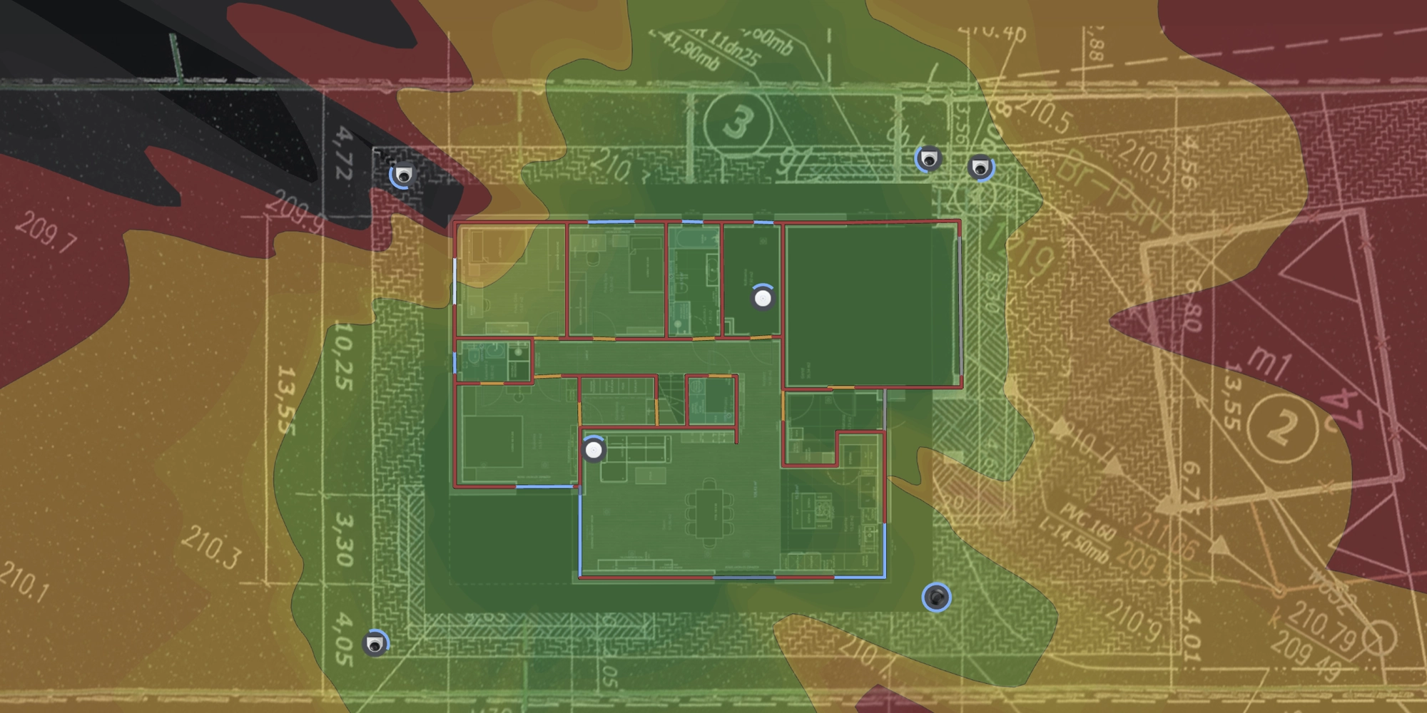 Heatmapa pokrycia Wi-Fi domu jednorodzinnego - wizualizacja zasięgu punktów dostępowych